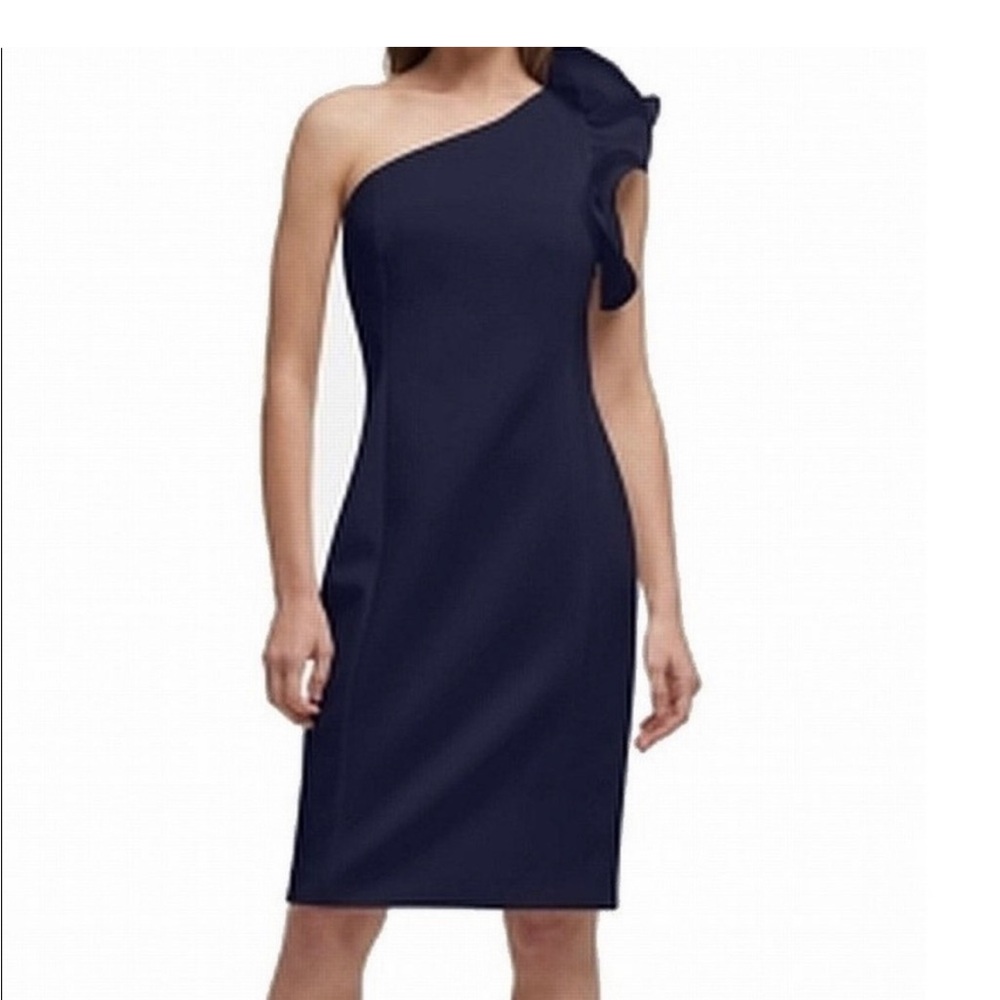 DKNY one shoulder navy cocktail cocktail wedding guest dress ruffle shoulder